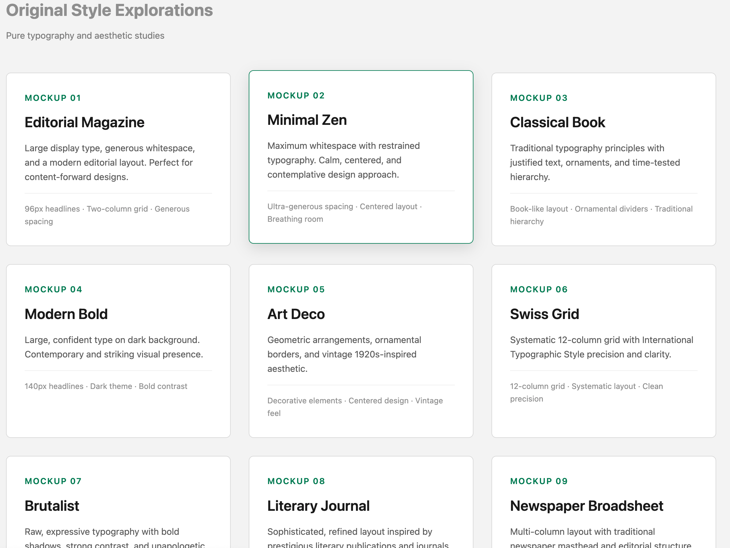 Grid of links to design mockups